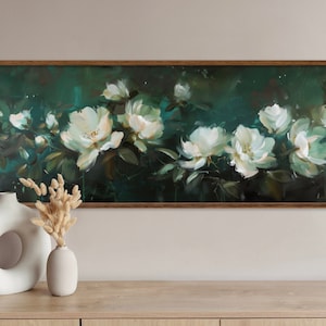 Emerald Blooming Flowers - Atmospheric Botanical Art, Dark Floral Panoramic Print for Above Bed Decor, Moody Abstract Flower Painting Print