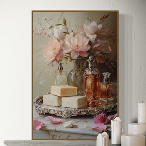 Vintage Perfume Vanity Canvas – Elegant French Floral Wall Art, Romantic Antique Powder Room Print, Shabby Chic Perfume Decor for Home