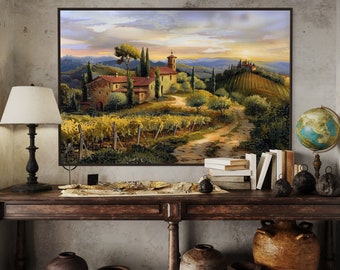 Tuscan Harmony - Luxury Italy Landscape Tuscany Painting, Vineyard Art with Rolling Hills and Cypress Trees, Aesthetic Room Art