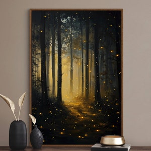 Mystische Waldwandkunst - Glühende Glühwürmchen-Leinwand, ruhiger Walddruck, rustikales Natur-inspiriertes Dekor, über dem Bett oder Wohnzimmer Kunst