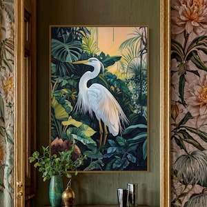 Elegant Great Egret Wall Art – Tropical Bird Art Print for Peaceful Bedroom Decor, Exotic White Heron Print with Lush Rainforest Accents