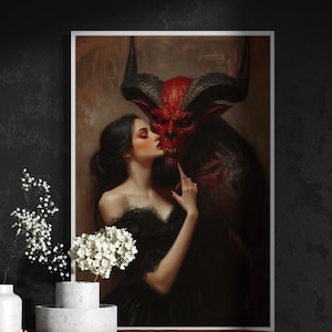 Dark Fantasy Gothic Wall Art Print – Demon and Woman Romantic Horror Artwork, Gothic Romance Painting Poster