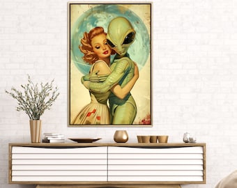 Alien Embrace - surrealistische ufo-liefdeskunst, trippy buitenaardse muurkunst, schattige buitenaardse ontvoering schilderij print, raar en grillig decor