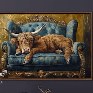 Highland Cow Wall Art - Rustic Farmhouse Canvas Print, Whimsical Animal Decor, Charming Country Artwork for Living Room or Above Bed