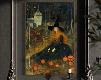 Whimsical Witch Wall Art - Mystical Dark Forest Art, Witchcraft Art Print, Rustic & Dark Academia Decor, Above Bed Goth Room Decor