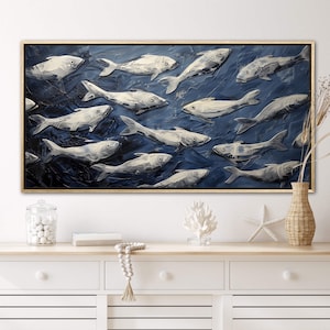 School of Fish - Luxury Wall Art Print with Underwater Wall Art, Vintage Illustration of Shoal of Fish for Cottage Decor