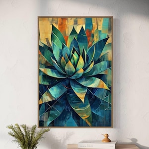 Abstract Agave Wall Art - Vibrant Teal Cactus Print with Geometric Succulent Design, Desert-Inspired Modern Decor, and Bold Boho Charm