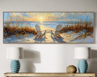 Panoramic Beach Landscape - Long Narrow Wall Art, Rustic Coastal Decor, Above Bed Seascape Painting Print, Beach House Framed Canvas Print