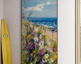 Lámina artística de pradera costera con flores silvestres – Lienzo con vibrante paisaje impresionista junto al mar.