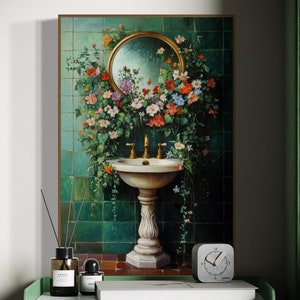 Floral Sink Wall Art - Rustic Bathroom Decor, Botanical Wildflower Canvas Print, Chic Vintage-Inspired Art for Restroom or Laundry