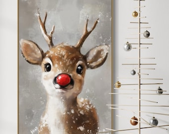 Cute Rudolph Reindeer Art - Cozy Christmas Canvas Print with Red-Nosed Reindeer, Snowy Winter Charm, and Festive Holiday Decor for Home