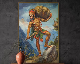 Göttliche Stärke: Lord Hanuman Art, spiritueller indischer Kunstwerk-Druck für Yoga-Studios, Zen-Dekor, inspiriert von der Kraft der Hindu-Mythologie