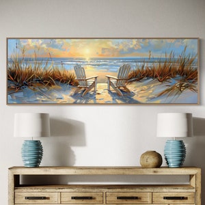 Panoramic Beach Landscape - Long Narrow Wall Art, Rustic Coastal Decor, Above Bed Seascape Painting Print, Beach House Framed Canvas Print