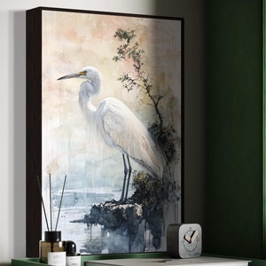 White Egret Wall Art - Serene Coastal Canvas Print, Minimalist Nature-Inspired Decor for Living Room or Above Bed Decor