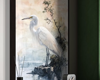 Weißer Reiher Wandkunst - Serene Coastal Canvas Print, minimalistisches, von der Natur inspiriertes Dekor für Wohnzimmer oder Über dem Bett