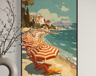 Mediterranean Beach Wall Art Print – Vintage Coastal Umbrella Scene, Retro Summer Seaside Decor, Colorful Coastal Travel Artwork