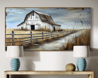 May include: A rustic wooden console table with three drawers and a woven basket underneath. Two blue ceramic lamps with white shades are on the table, and a painting of a white barn with a wooden fence and tall grass is hanging on the wall behind the table.