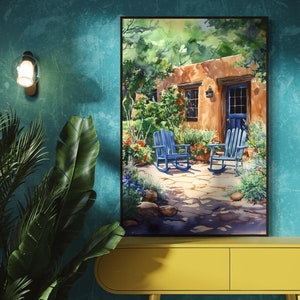 May include: A watercolor painting of a terracotta house with a blue door and two blue rocking chairs on a stone patio. The house is surrounded by lush greenery and flowers.