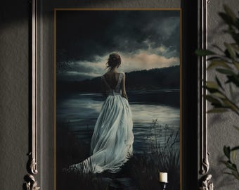 Moody Woman by the Lake Art – Dark Romantic Wall Print, Stormy Landscape Canvas for Bedroom, Living Room, or Above Bed Decor