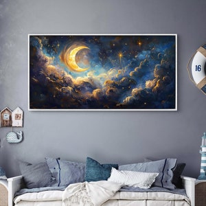 Dreamy Celestial Crescent Moon Wall Art - Panoramic Starry Night Canvas with Golden Stars, Mystical Clouds, and Cosmic-Inspired Art