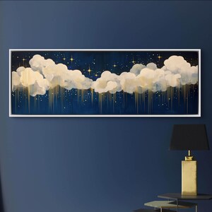 Celestial Gold and Navy Cloud Art – Panoramic Wall Art for Above the Bed, Relaxing Night Sky Print with Gold Accents, Nursery Artwork