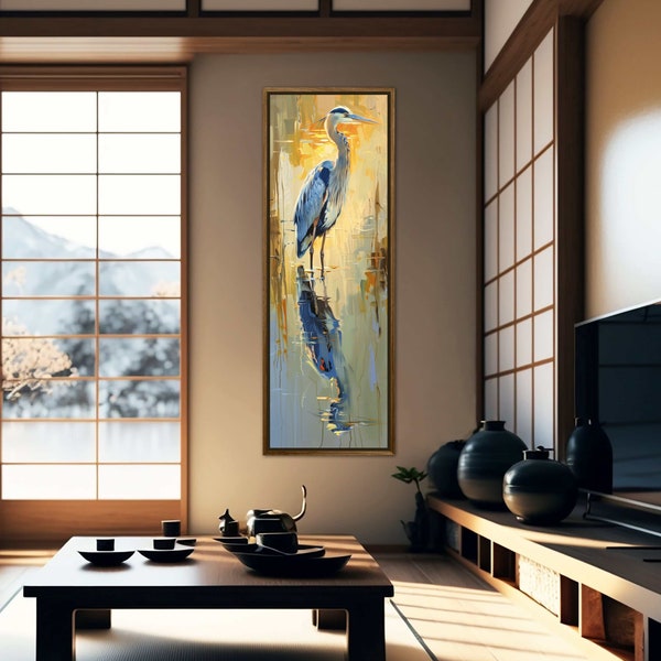 Heron - Tall Vertical Blue Heron Print, Calming Narrow Wall Art, Abstract Bird in Swamp Scene, Heron Wall Decor