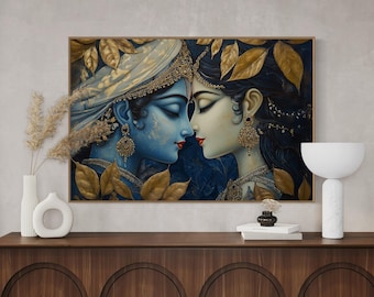 Lienzo de Radha Krishna: Amor Divino – Arte mural hindú espiritual, lámina romántica atemporal para la sala de estar o para decorar encima de la cama.
