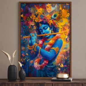 Lord Krishna Canvas Art - Vibrant Hindu God Painting PRINT with Flute and Peacock Feather, Perfect Spiritual Poster for Meditation