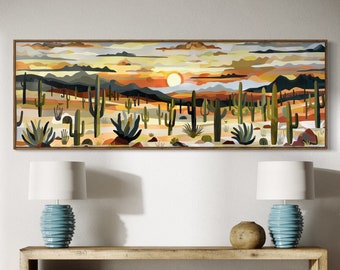 Boho Desert Sunset - Panoramic Cactus Landscape Print, Colorful Boho Wall Art for Above Bed Decor and Southwest Succulent Wall Decor
