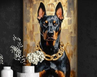 3匹の黒いドーベルマンのガラス製ウォールアート、力強い犬の肖像画