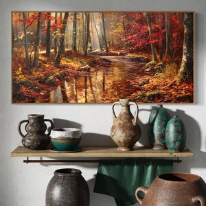 Autumn Whisper: A tranquil forest brook winds through a golden autumnal embrace, flanked by fiery red leaves and bathed in soft, dappled sunlight.