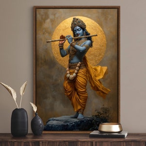 Meditative Lord Krishna with Flute - Spiritual Poster of Hindu God for Yoga Studio Decor and Zen Wall Art