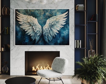 Heavenly White Angel Wings Canvas - Ethereal Modern Abstract Art, Dark Blue Wall Art, Peaceful Spiritual Art Print, Elegant Celestial Decor