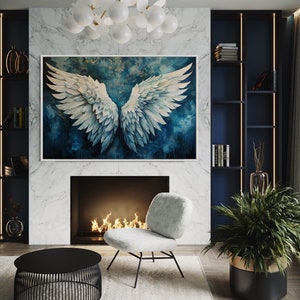 Heavenly White Angel Wings Canvas - Ethereal Modern Abstract Art, Dark Blue Wall Art, Peaceful Spiritual Art Print, Elegant Celestial Decor