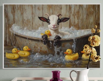 Goat in Bubble Bath Art Print – Funny Farmhouse Bathroom Decor, Baby Goat with Rubber Ducks Wall Art