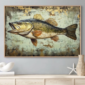Largemouth Bass Canvas – Rustic Fishing Wall Art, Vintage Fish Print, Wildlife Cabin Artwork for Home or Lodge Decor