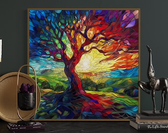 Kaleidoscope Tree: Vivid Tree of Life Mosaic - Designer Wall Art for Coquette Room Decor and Hallway Accent