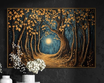 Enchanted Twilight Forest Path - Mystical Autumnal Forest Painting Print for Above Bed Decor, Moody Woodland Art, and Starry Night Charm