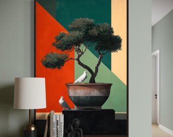Bonsai Tree Art Print – Geometric Dove, Modern Zen Decor