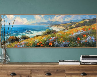 California Coast Panoramic Wall Art - Long Narrow Wildflower Field Print, Modern Coastal Landscape for Above Bed Decor, Cottage Artwork