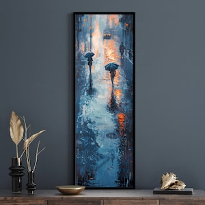 Rainy Cityscape - Vertical Urban Rain Wall Art Print, Narrow Wall Art with City Lights and Umbrellas, Rainy City Night for Modern Homes