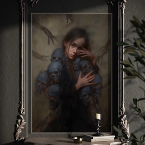 Haunting Gothic Art Print – Dark Surreal Wall Art, Mysterious Portrait with Skulls, Macabre Decor for Gothic Home