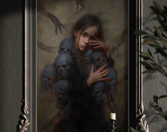 Haunting Gothic Art Print – Dark Surreal Wall Art, Mysterious Portrait with Skulls, Macabre Decor for Gothic Home