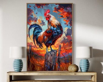 Schilderij print zonsopgang haan – Levendige rustieke boerderijmuurkunst