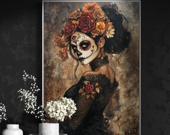 Dramatic Day of the Dead Art - Mystical Gothic Canvas Print for Halloween Wall Art and Latin American Art Decor