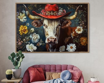 Whimsical Longhorn Cow Portrait Amid Dark Florals, Western Wall Art Print