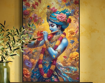 Divine Melody: Lord Krishna Canvas Art Print - Spiritual Poster for Meditation and Yoga Studio Decor