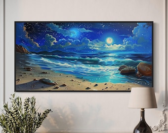 Luxury Moonlit Seascape Art - Starry Sky Painting Print for Home Decor