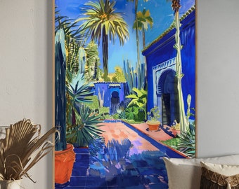 Sunlit Marrakech Retreat: Lush Palm Tree and Tropical Plant Art Print, Exotic Morocco Poster for Mediterranean Decor