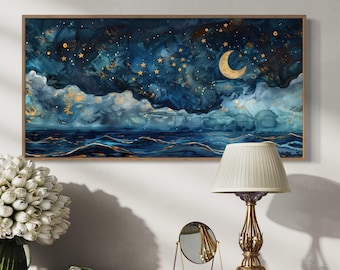 Dreamy Celestial Ocean Art - Starry Night and Crescent Moon Panoramic Print for Home Decore in Deep Blue and Navy